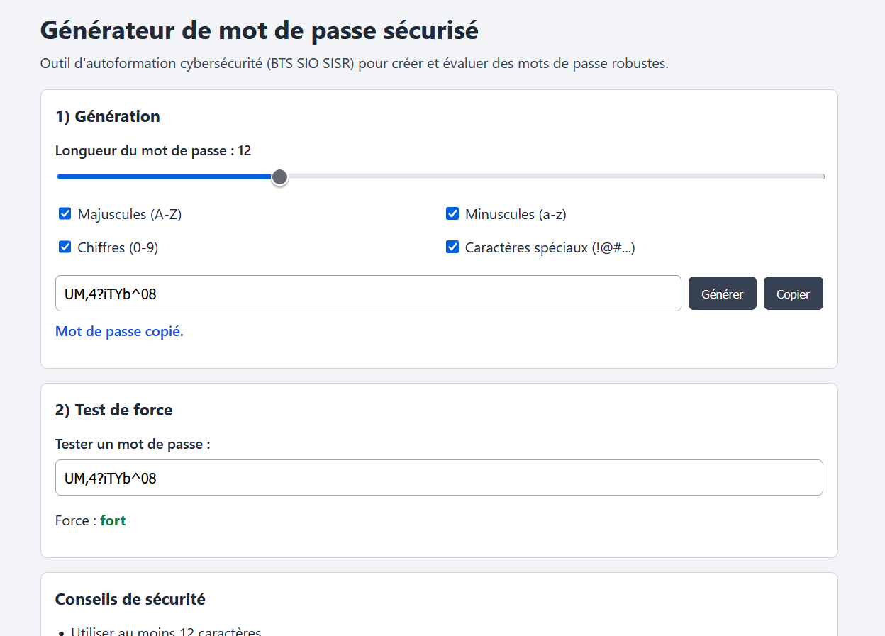 Capture du generateur de mot de passe securise